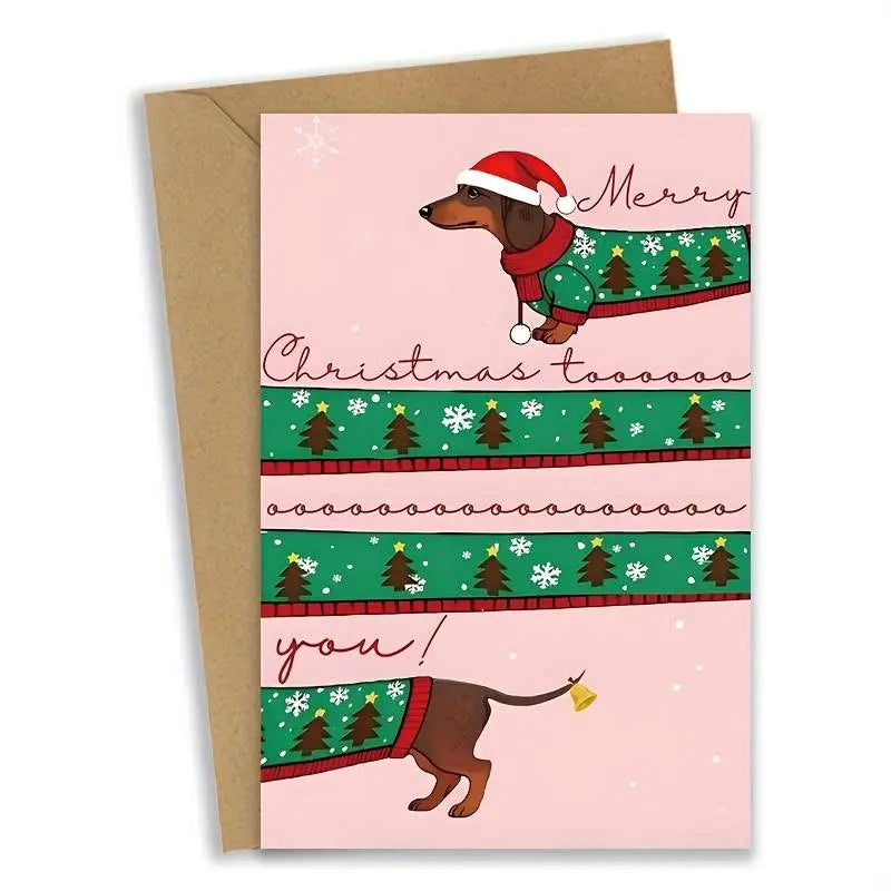 Dachshund in Christmas sweater and Santa hat, stretched long with festive tree-patterned design, "Merry Christmas to you!" greeting