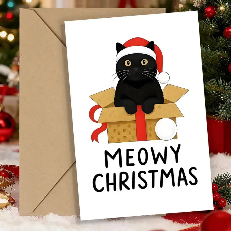 Black cat in Santa hat sits inside golden gift box with paw prints, saying "Meowy Christmas"