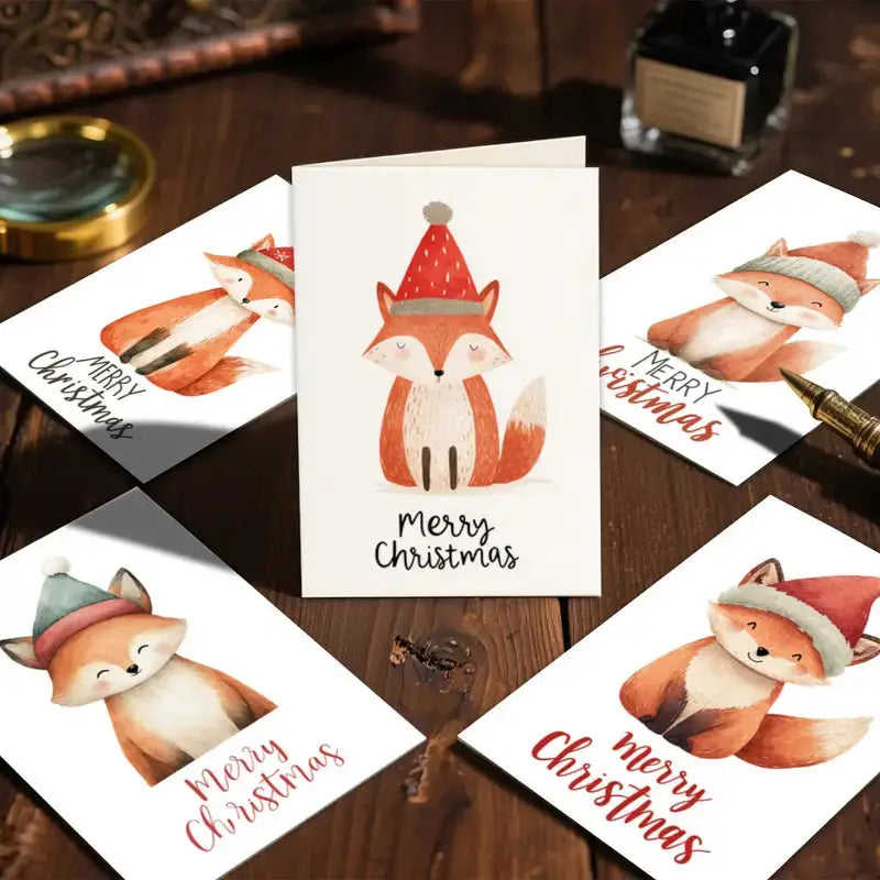 Cute watercolor Christmas cards featuring whimsical foxes in winter hats, spread out on a wooden surface with writing tools and ink bottle.