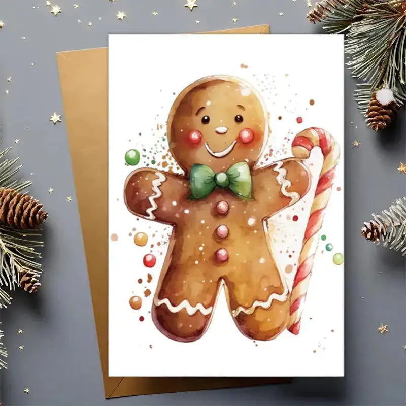 Cheerful gingerbread man with green bow tie, red buttons, and candy cane, surrounded by holiday sparkles