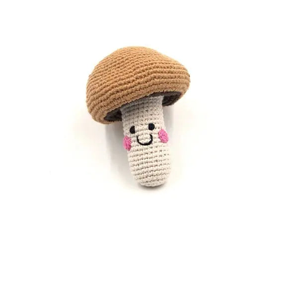 Crochet Smiling Mushroom Rattle Toy with Bell - Handmade Infant Sensory Toy Joy Gift London