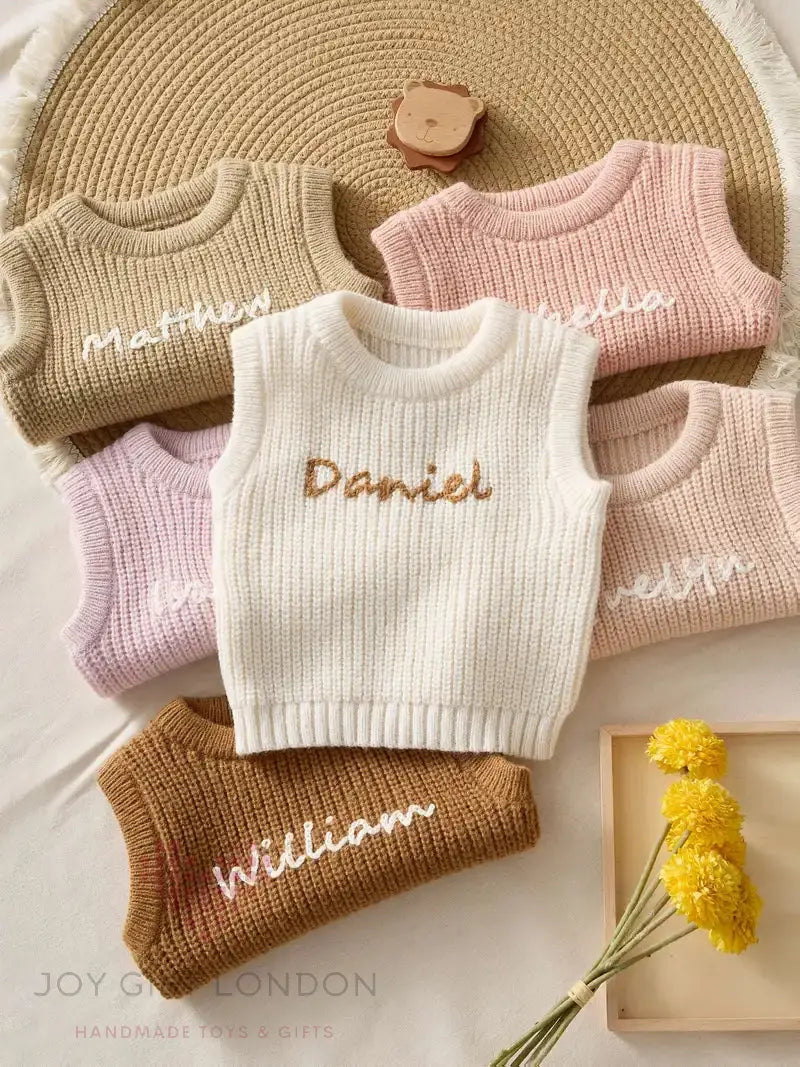 Personalised Kids' Embroidered Sleeveless Sweater Joy Gift London