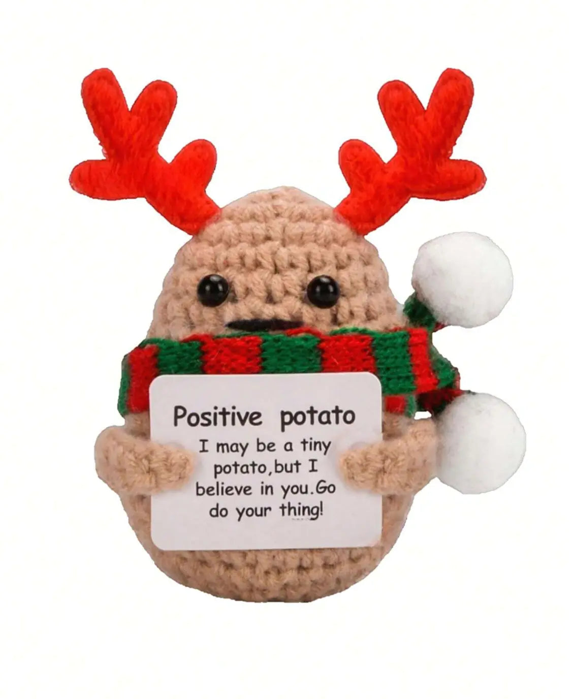 Handmade Crochet Positive Potato with Christmas Antlers And Scarf Joy Gift London