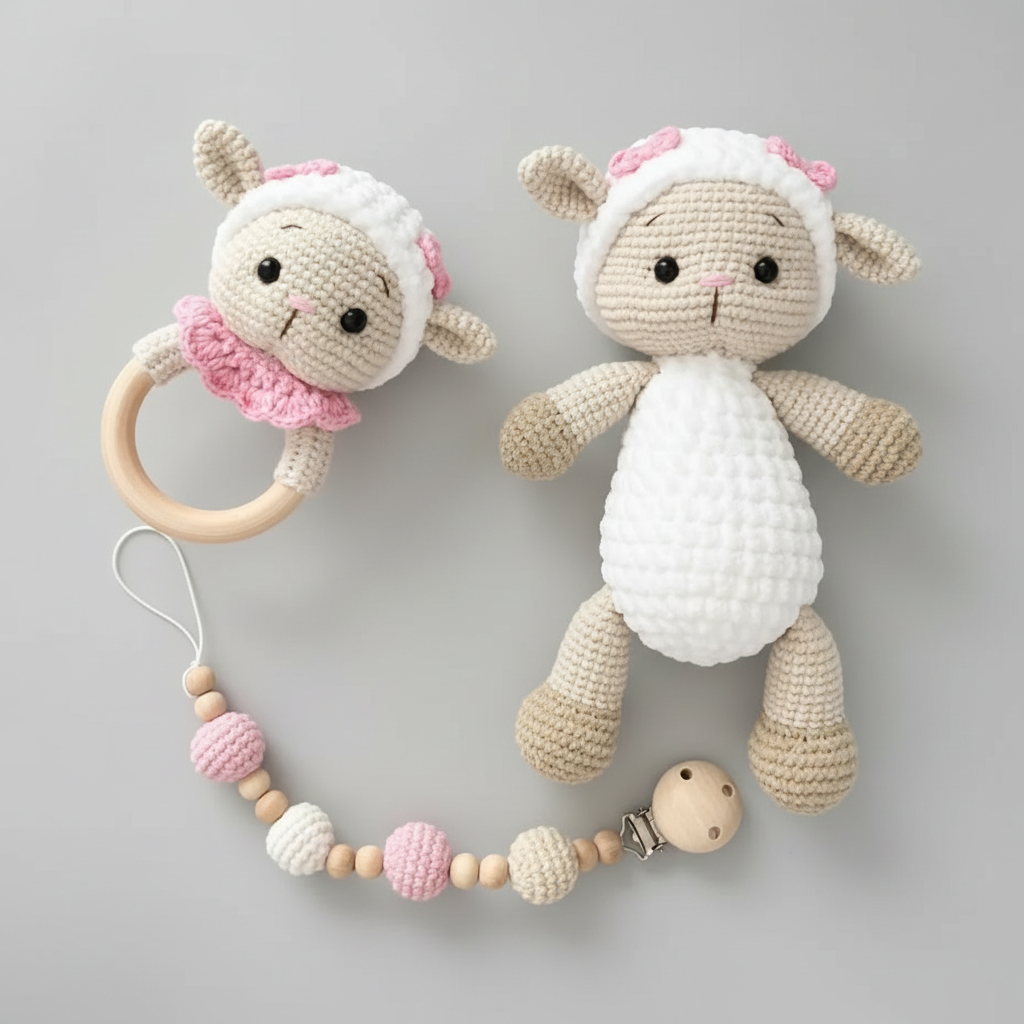 Handmade Crochet Newborn Gift Set (3pc) Cute Sheep – Personalised Dummy Clip, Baby Shower Gift