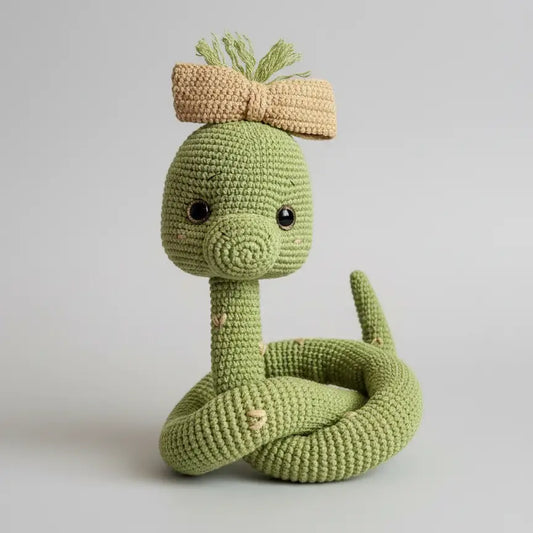 Green crocheted snake toy with bow, curled up on neutral background