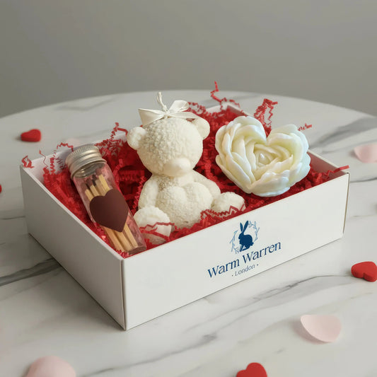 Valentine’s Day Gift Candle Set – White Bear & Red Heart Rose, Matchbox Included  Joy Gift London