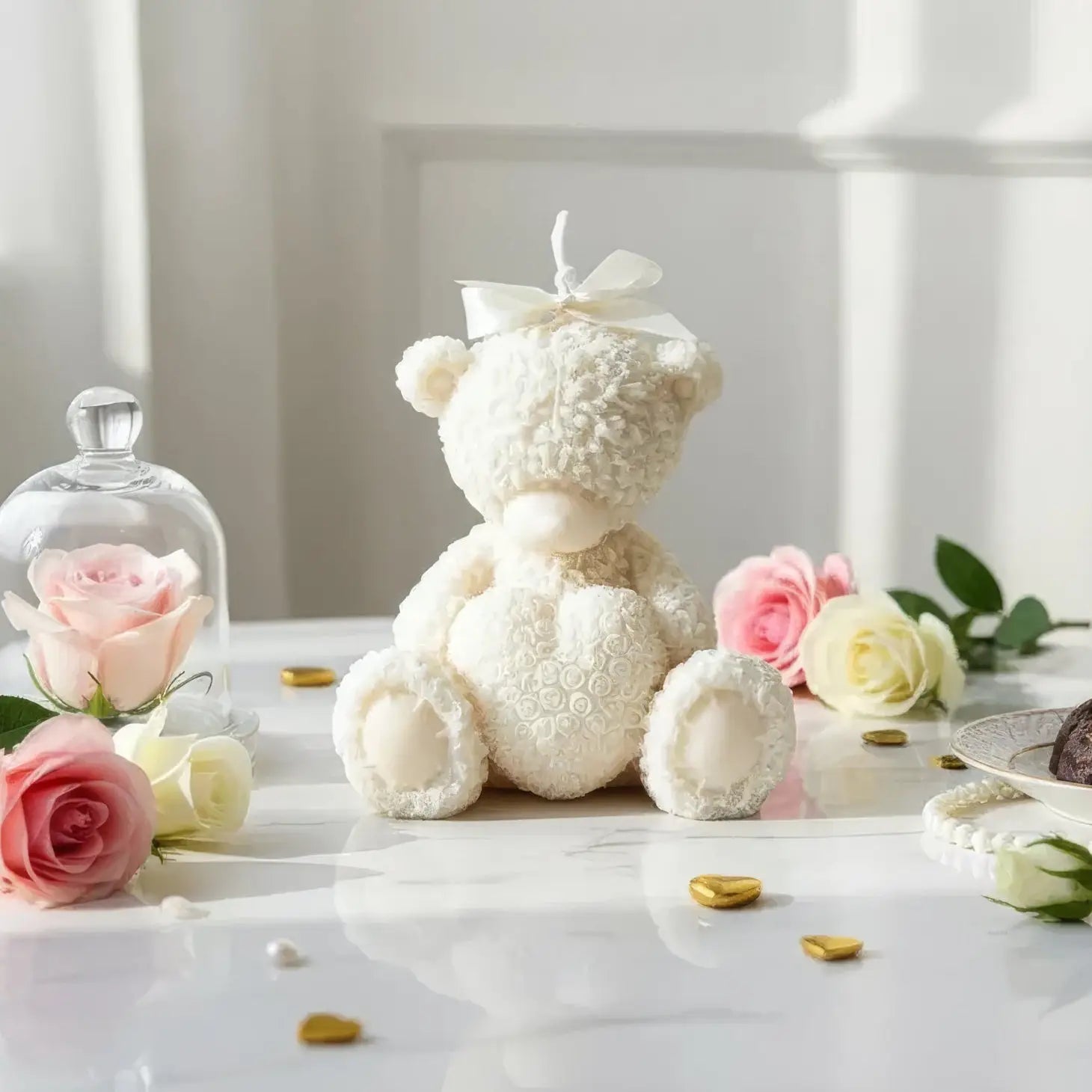 Valentine’s Day Gift Candle Set – White Bear & Red Heart Rose, Matchbox Included  Joy Gift London