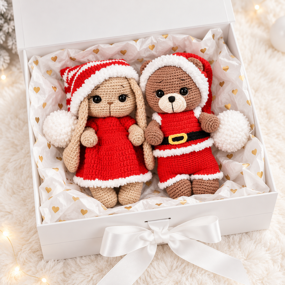 Handmade Crochet Bunny & Teddy Bear Set – Christmas Crochet Animal Toys, Santa Edition