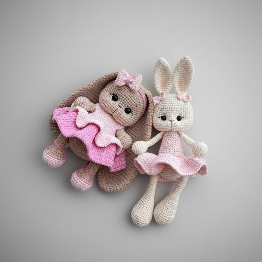 Two crocheted bunny dolls in pink and brown with frilly skirts against a gray background.