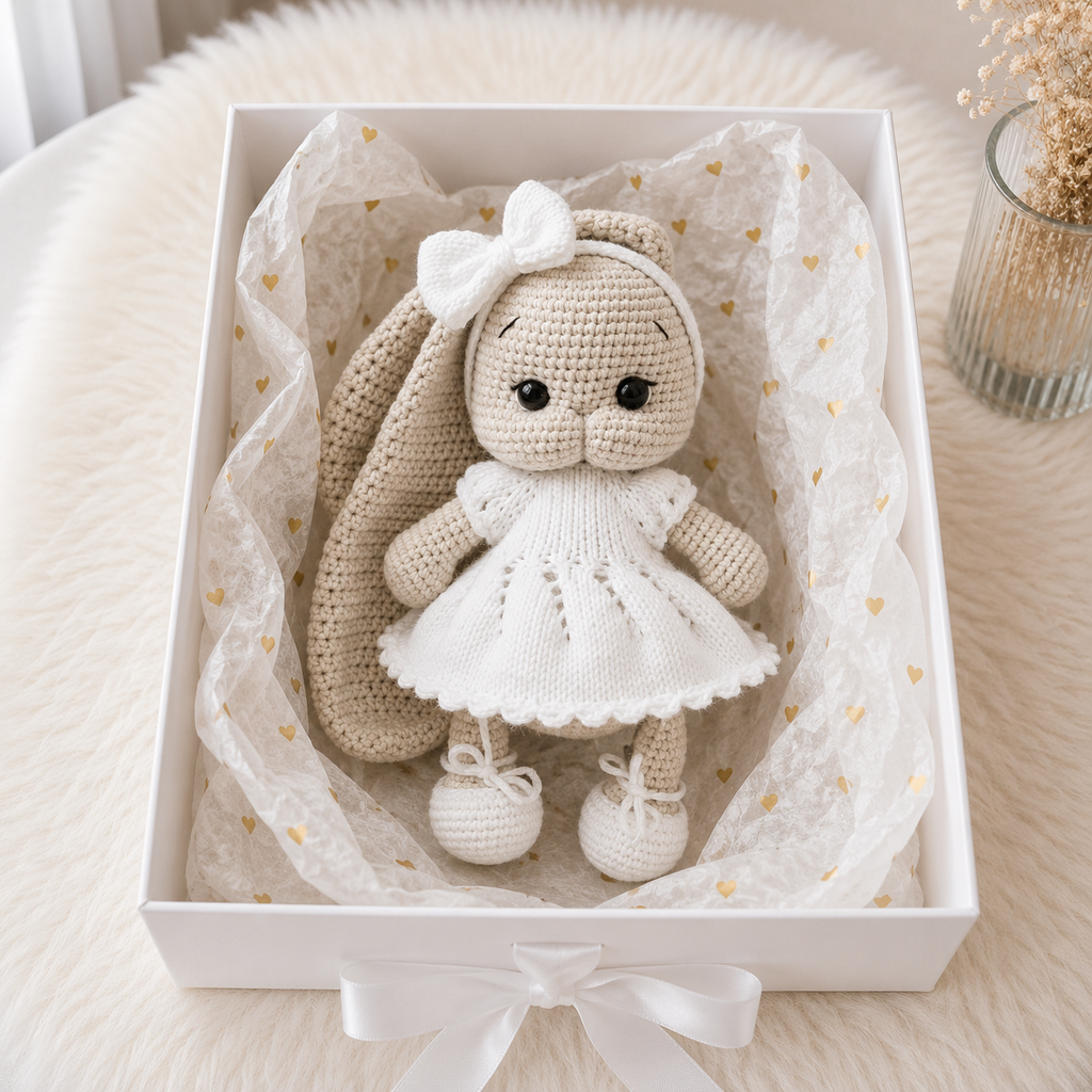 Handmade Crochet Long Ear Bunny Toy in White Dress