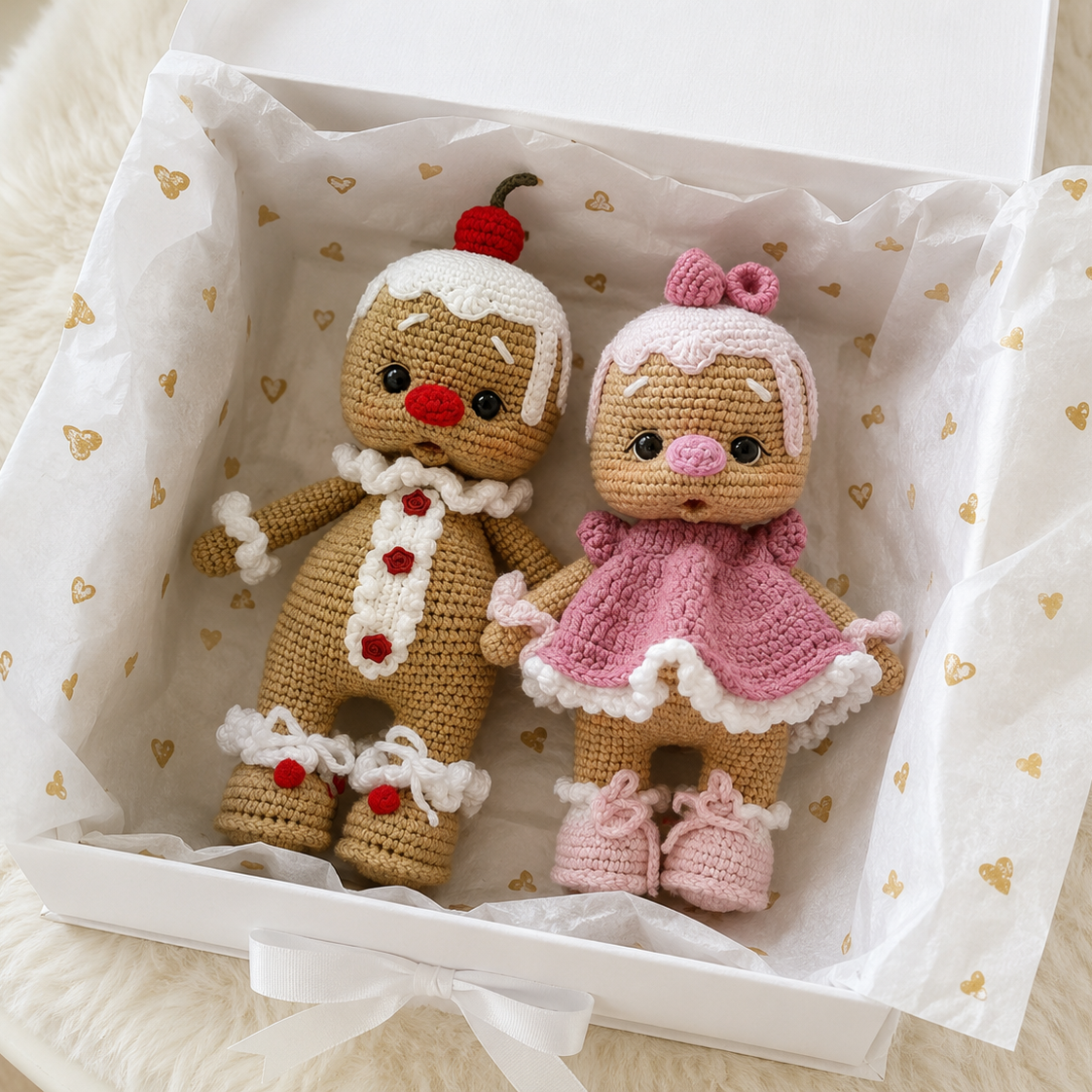 Two handmade crocheted doll figures placed inside a white gift box lined with white tissue paper printed with small gold hearts. The left figure resembles a gingerbread person with brown skin, white icing details, red buttons, and a small red cherry on its head.