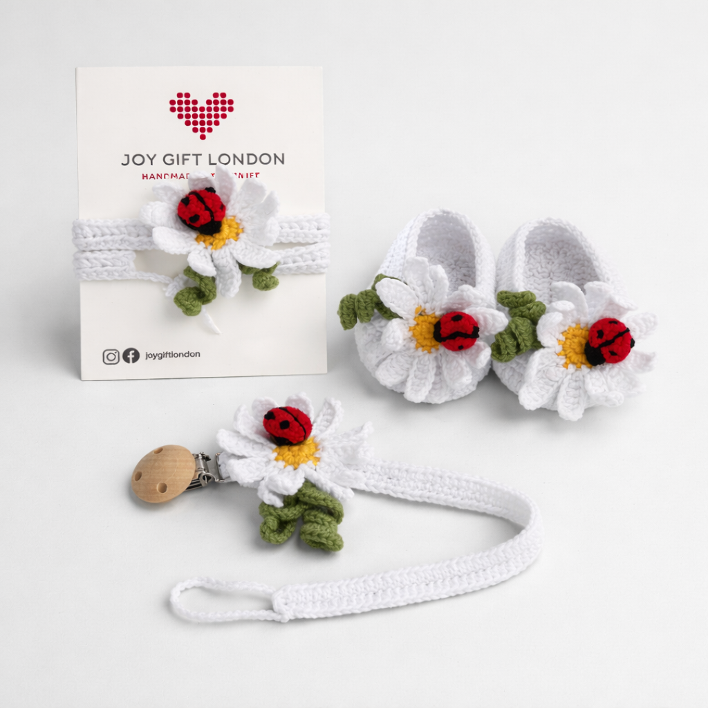 Baby Shower Gift Box – Handmade Crochet Booties, Dummy Clip & Headband Set (Luxury Newborn Gift) Daisy and Ladybird Joy Gift London