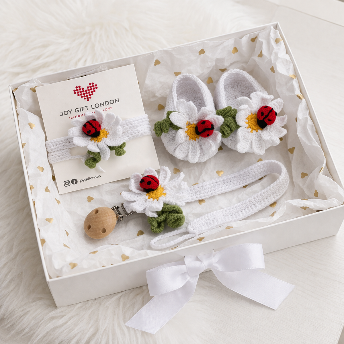 Baby Shower Gift Box – Handmade Crochet Booties, Dummy Clip & Headband Set (Luxury Newborn Gift) Daisy and Ladybird Joy Gift London
