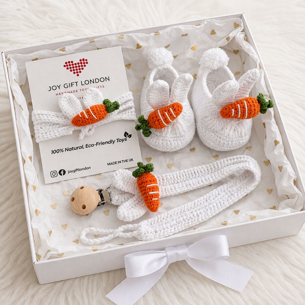 Baby Shower Gift Box – Handmade Crochet Booties, Dummy Clip & Headband Set (Luxury Newborn Gift) Orange Carrot Joy Gift London