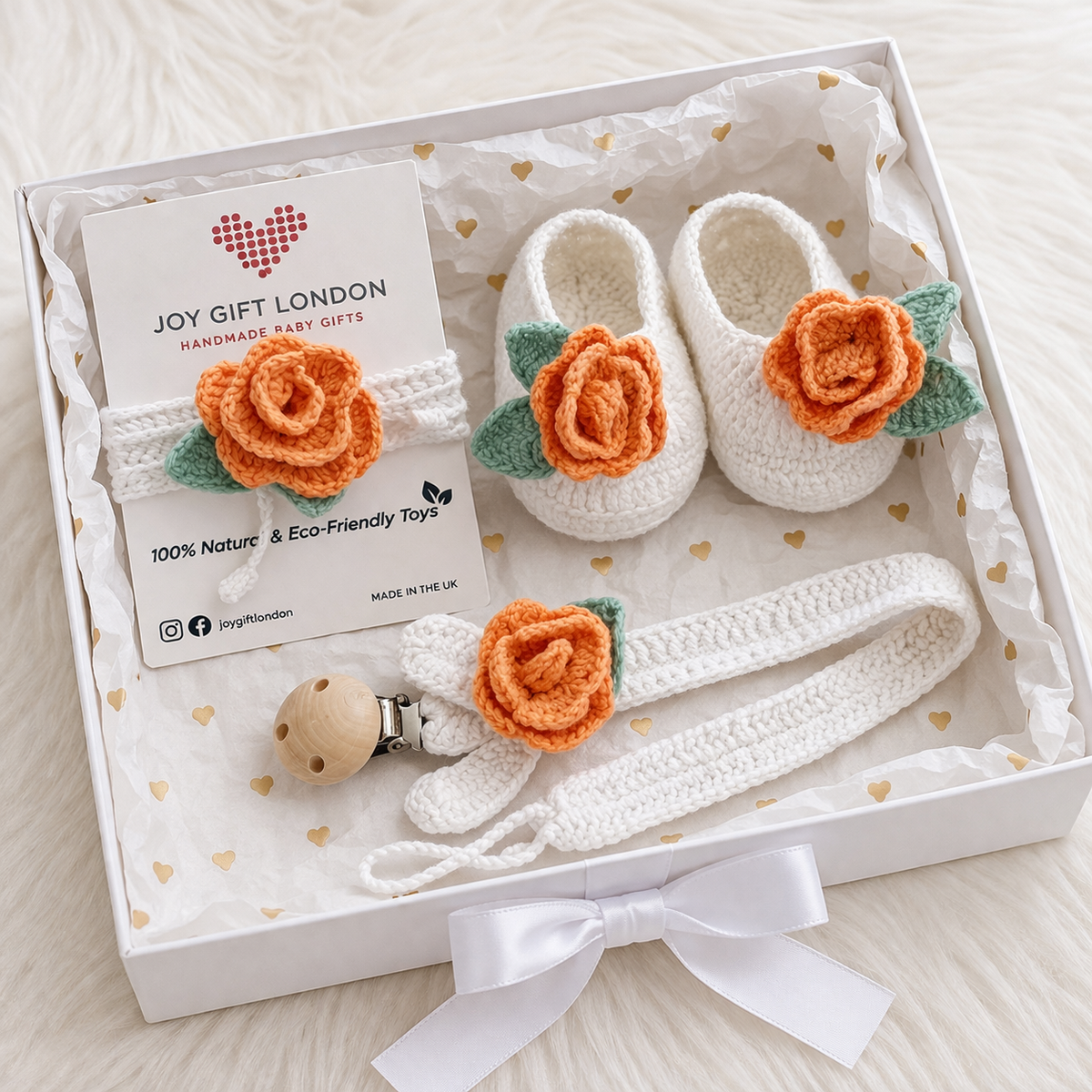 Baby Shower Gift Box – Handmade Crochet Booties, Dummy Clip & Headband Set (Luxury Newborn Gift) Orange Rose Joy Gift London