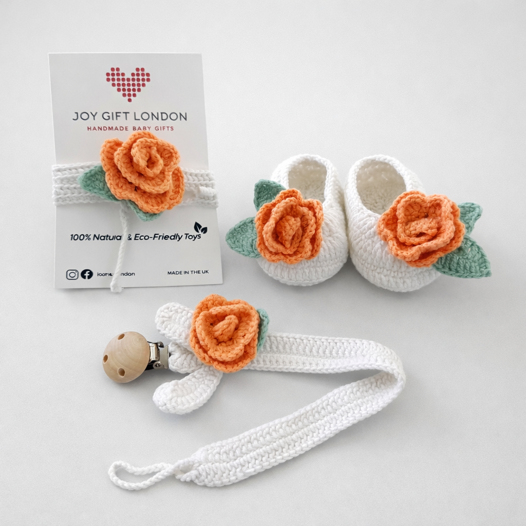 Baby Shower Gift Box – Handmade Crochet Booties, Dummy Clip & Headband Set (Luxury Newborn Gift) Orange Rose Joy Gift London
