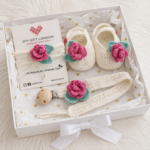 Baby Shower Gift Box – Handmade Crochet Booties, Dummy Clip & Headband Set (Luxury Newborn Gift) Purple Rose Joy Gift London