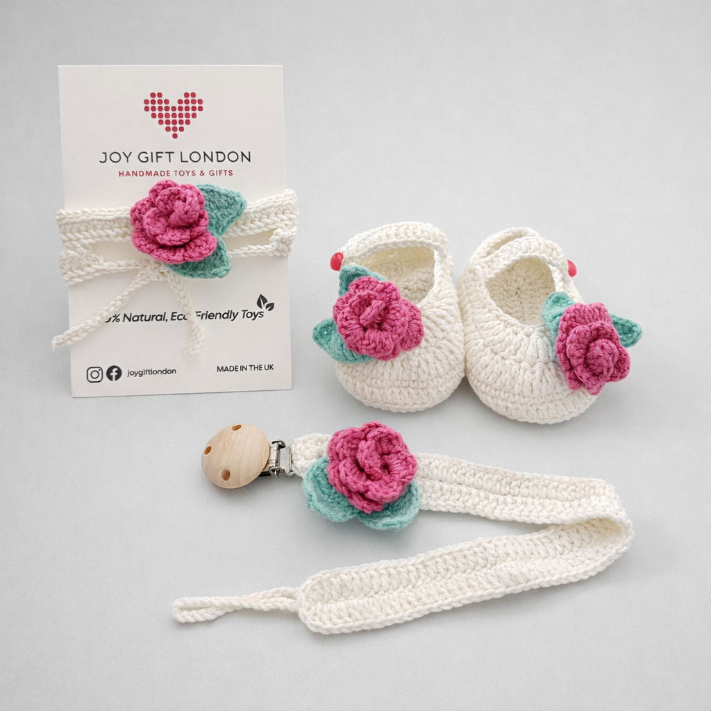 Baby Shower Gift Box – Handmade Crochet Booties, Dummy Clip & Headband Set (Luxury Newborn Gift) Purple Rose Joy Gift London