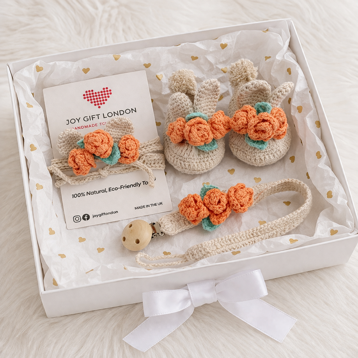 Baby Shower Gift Box – Handmade Crochet Booties, Dummy Clip & Headband Set (Luxury Newborn Gift) Rabbit Ear, Orange Roses Joy Gift London
