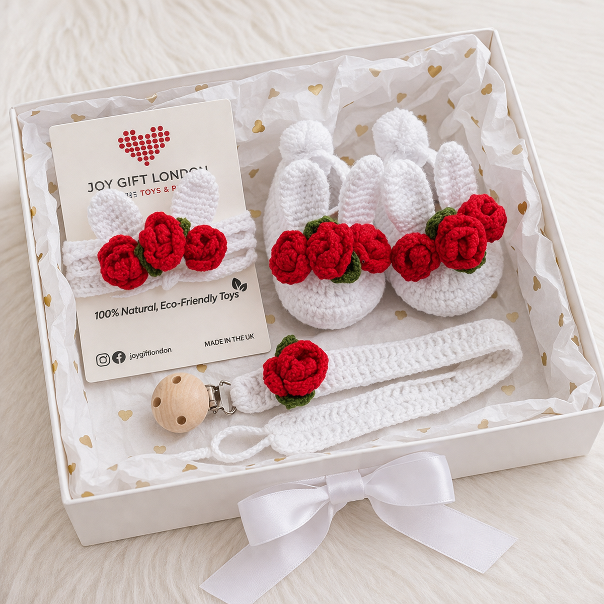 Baby Shower Gift Box – Handmade Crochet Booties, Dummy Clip & Headband Set (Luxury Newborn Gift) Rabbit Ear, Red Roses Joy Gift London