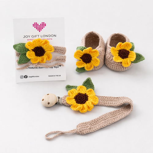 Baby Shower Gift Box – Handmade Crochet Booties, Dummy Clip & Headband Set (Luxury Newborn Gift) Sunflower Joy Gift London