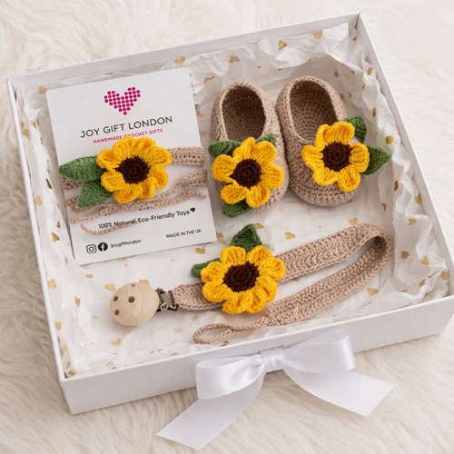 Baby Shower Gift Box – Handmade Crochet Booties, Dummy Clip & Headband Set (Luxury Newborn Gift) Sunflower Joy Gift London
