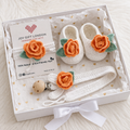 Baby Shower Gift Box – Handmade Crochet Booties, Dummy Clip & Headband Set (Luxury Newborn Gift) Orange Rose