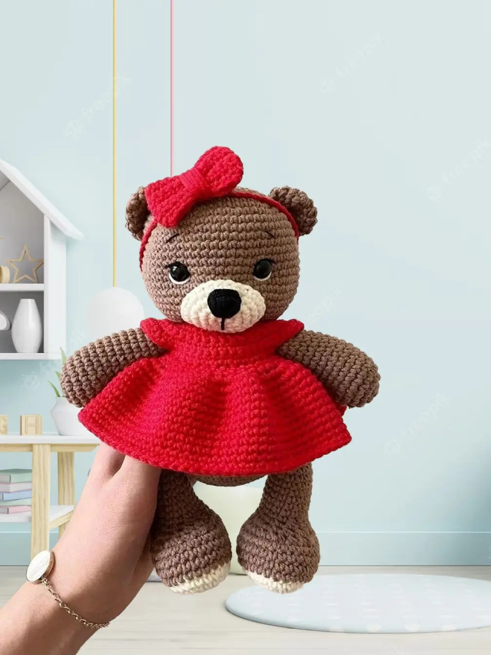 Crochet Teddy Bear in Red Dress Toy - Joy Gift London