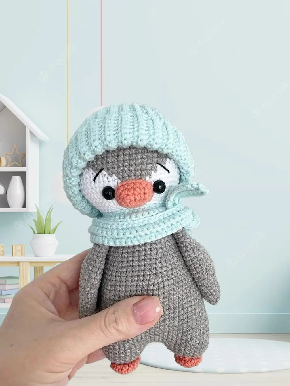 a hand holding a small crocheted penguin