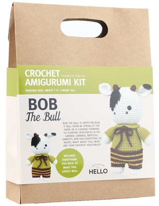 Crochet amigurumi kit package with Bob the Bull stuffed animal pattern and materials