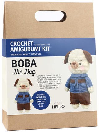Crochet Amigurumi kit for making Boba the Dog, with completed toy and packaging