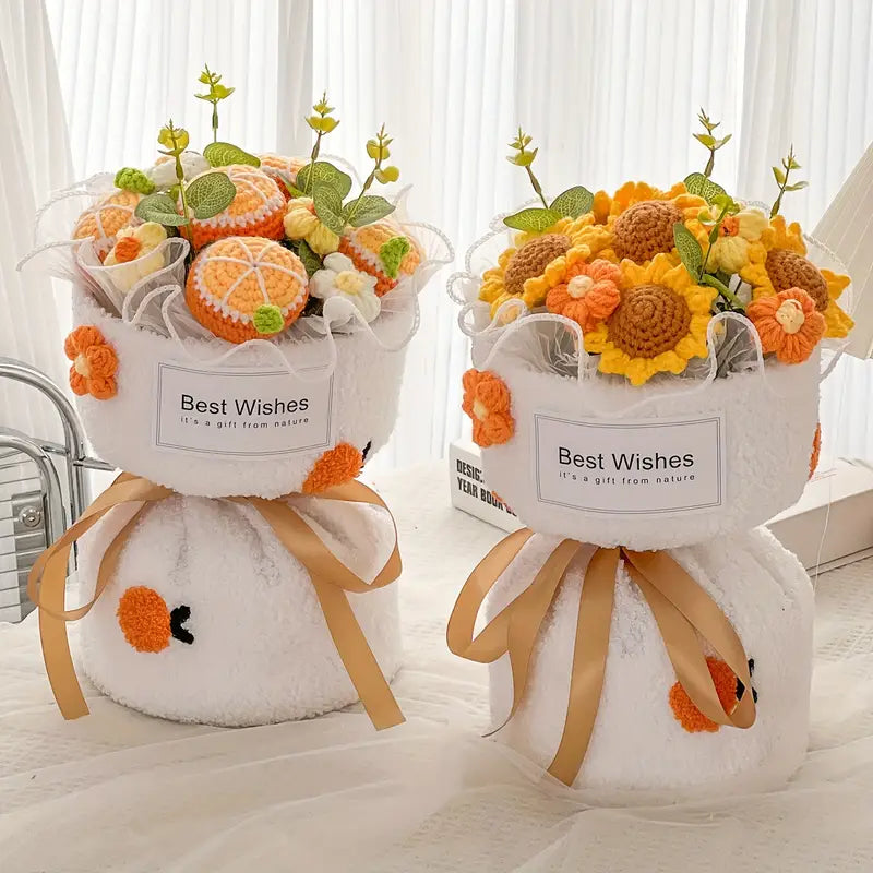 Handmade Crocheted Best Wishes Bouquet, Sunflower, Orange, Strawberry