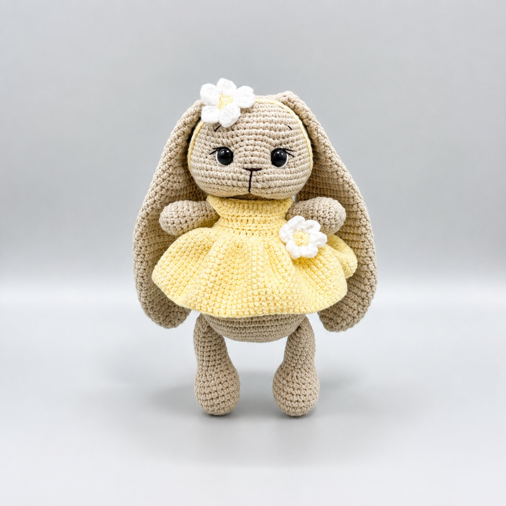 Handmade Crochet Long Ear Bunny Toy in Yellow Dress