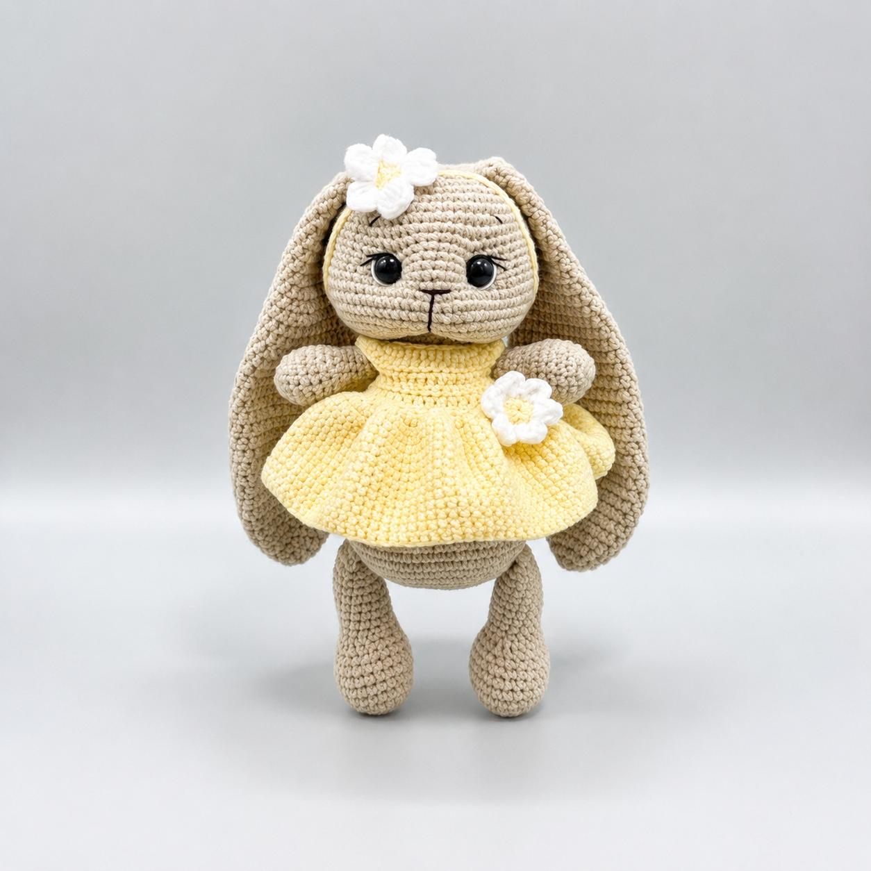 Handmade Crochet Long Ear Bunny Toy in Yellow Dress