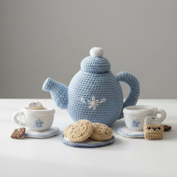 Handmade Crochet Tea Set for Kids – Teapot, Cups & Biscuits Pretend Play Tea Party Set (4+)