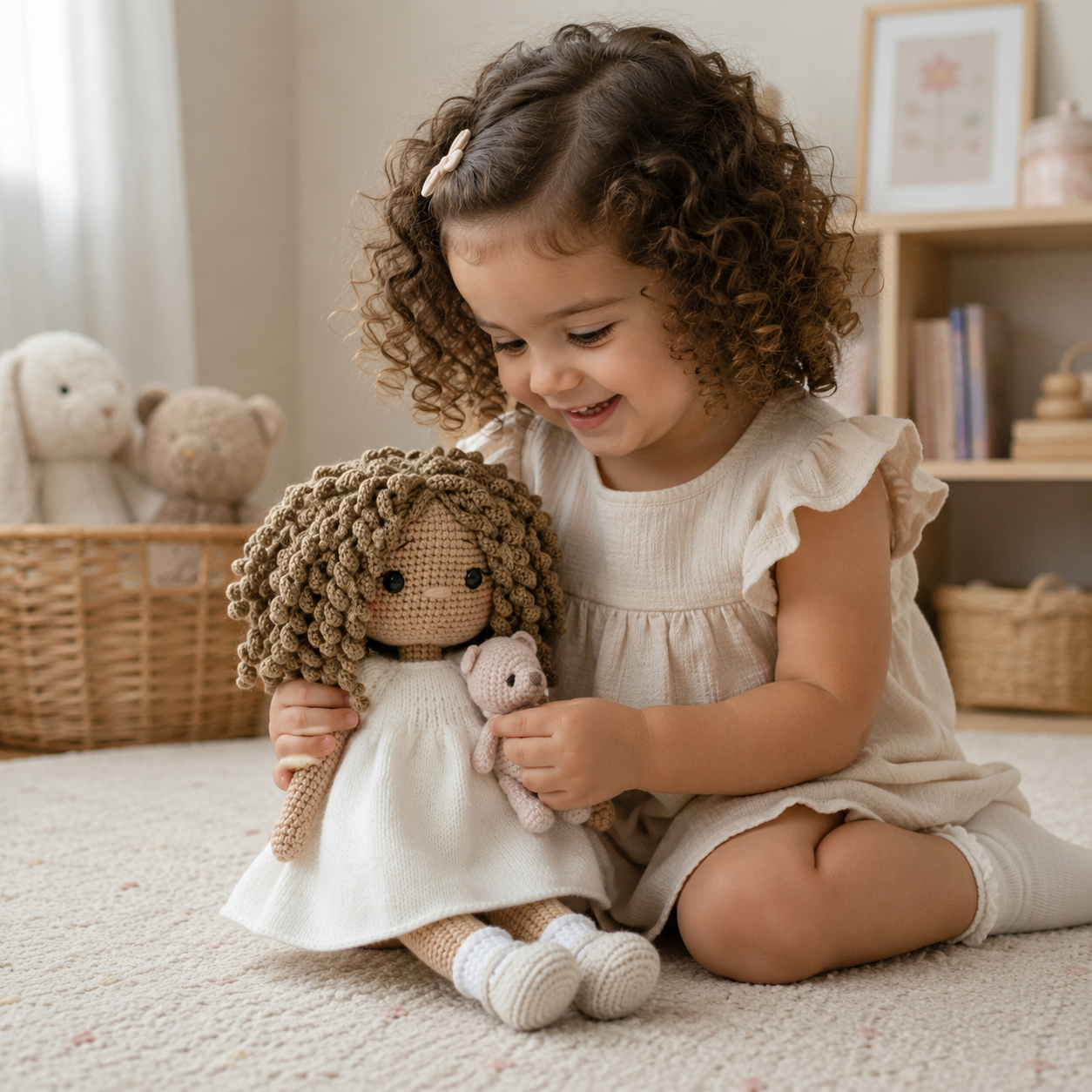 Handmade Crochet Doll in White Dress with Curly Hair & Teddy Bear