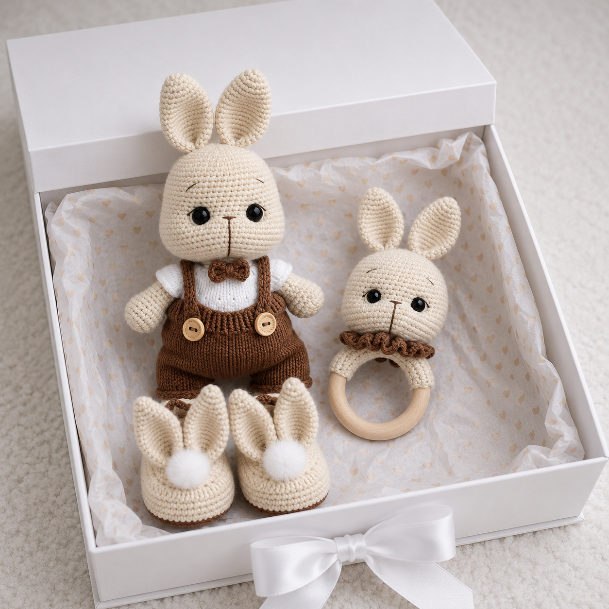 Handmade Crochet Bunny Toy in Brown Jumpsuit and White Jumper