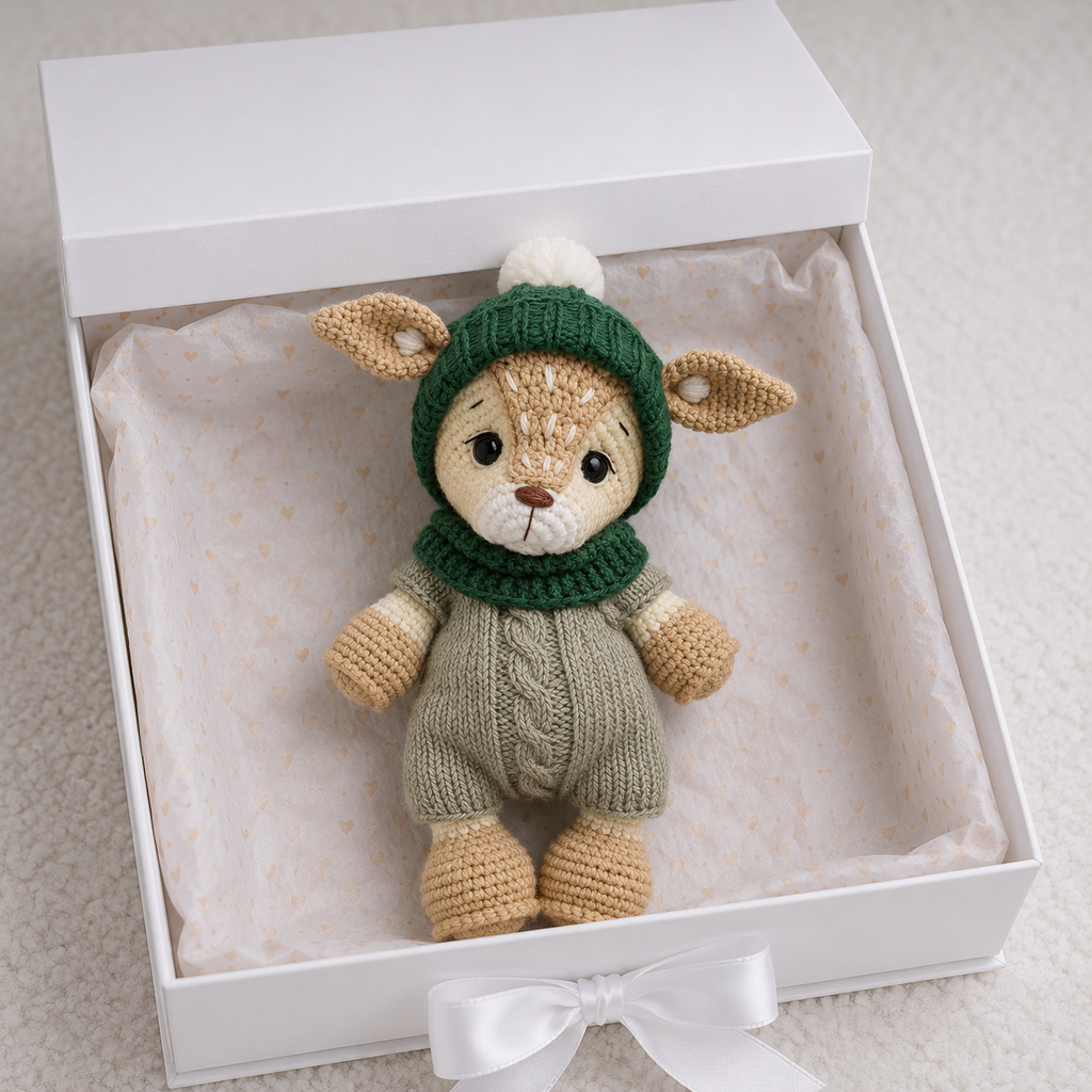 Handmade Crochet Deer Toy in Green Hat