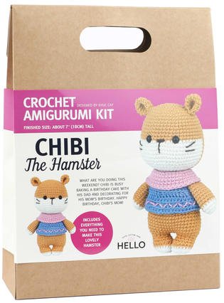 Crochet kit for making a cute chibi-style hamster amigurumi with blue sweater