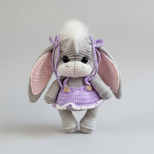 Crocheted bunny with long ears, wearing a purple dress and hair ribbons
