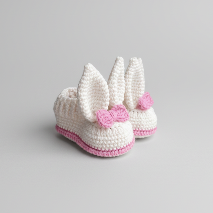 Crocheted white baby booties with pink bows and trim, sitting on green leaves