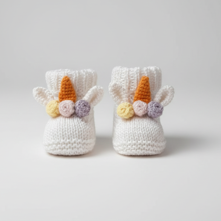 Handknit white baby booties with unicorn horn and flower details on wooden surface