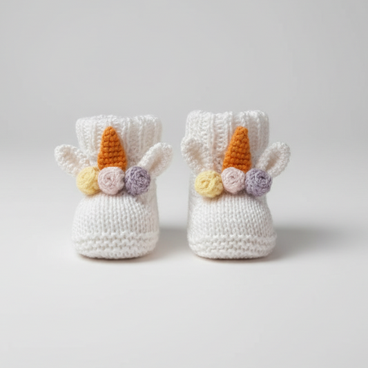 Handknit white baby booties with unicorn horn and flower details on wooden surface