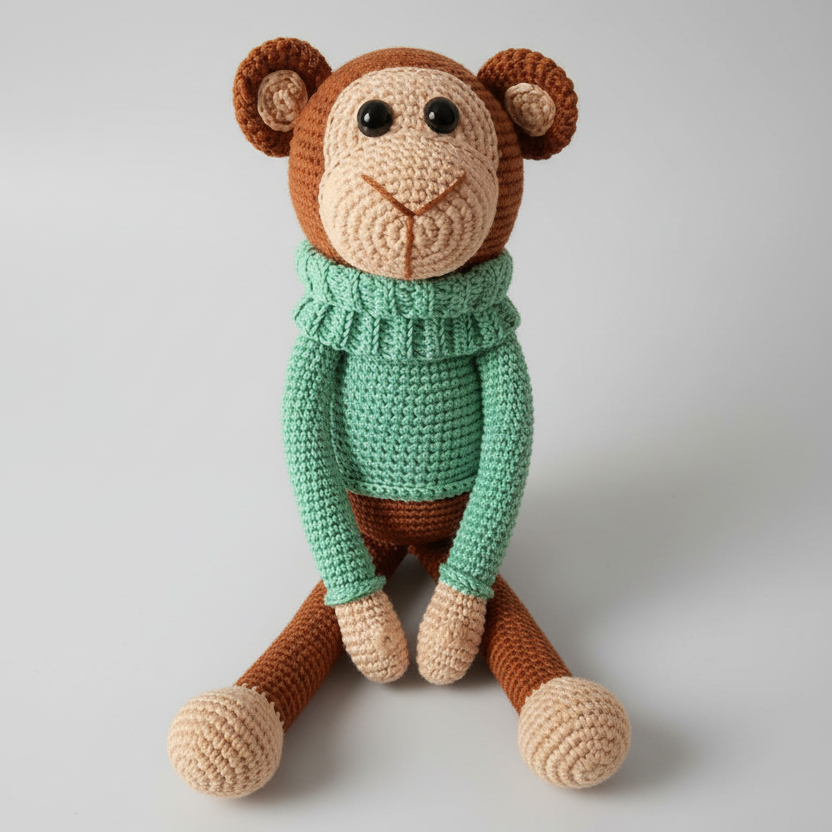 Crocheted monkey in mint green sweater with brown limbs and cream-colored face
