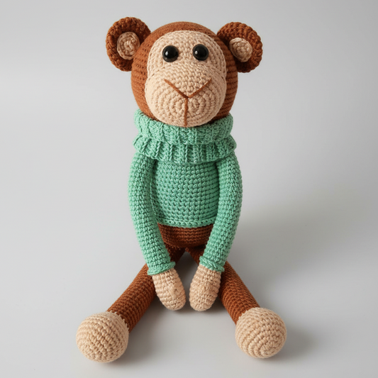Crocheted monkey in mint green sweater with brown limbs and cream-colored face