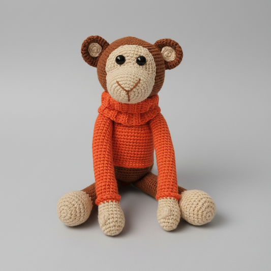 Crocheted monkey in orange sweater, sitting with soft brown and cream yarn details