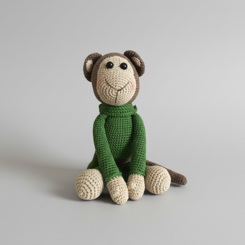 Crocheted monkey stuffed animal in green sweater sitting against gray background