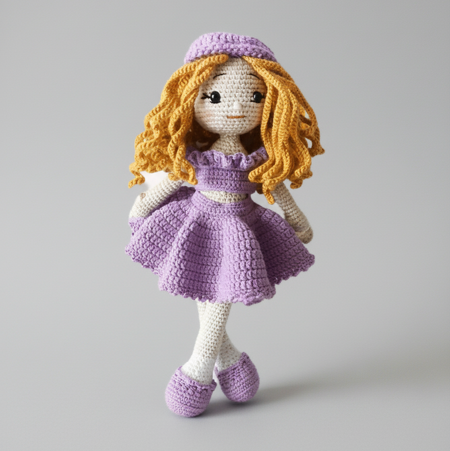 Crocheted doll with blonde yarn hair, purple dress, and matching hat and shoes