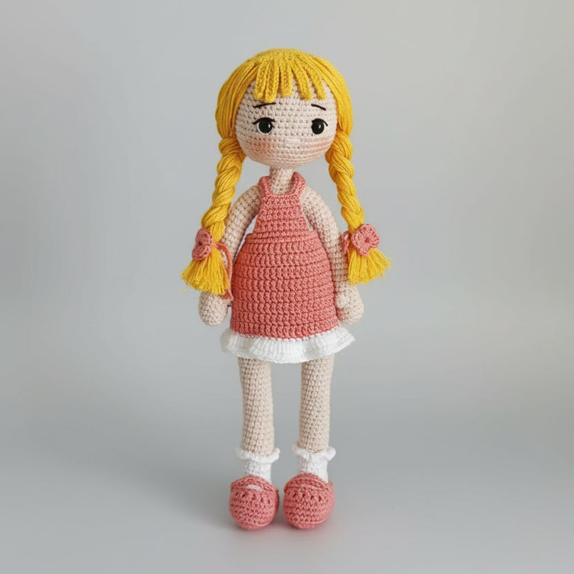 Crocheted doll with yellow braids, pink dress, and white ruffled socks on gray background