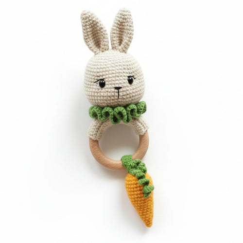 Crochet Cute Bunny and Carrot Rattle Toy with Bell by Joy Gift London